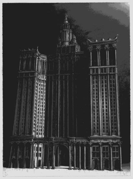 A charcoal drawing of the Manhattan Municipal Building by Jonathan Rosenbloom.