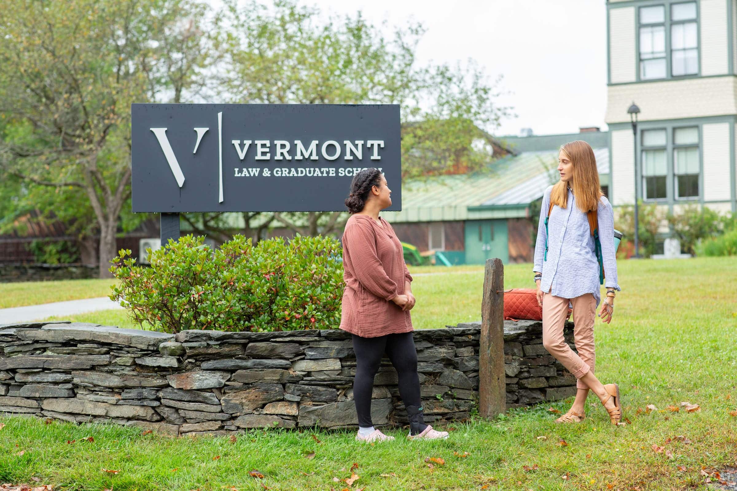 Students conversing in front of VLGS sign